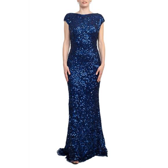 NEW PRIMAVERA boat neck cap sleeve cowl back sheath sequined dress in midnight